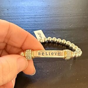 Brighton Silver and Gold Beaded Bracelet with 'Believe' Charm embellished w/ CZs
